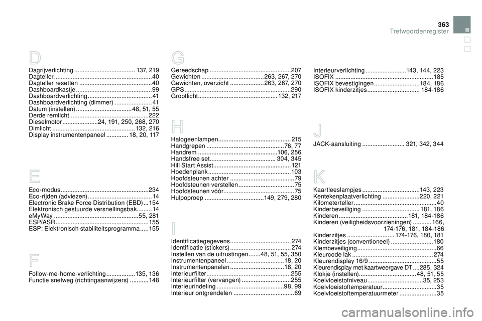 CITROEN DS3 CABRIO 2015 Instructieboekjes (in Dutch) 363
DS3_nl_Chap14_index-recherche_ed01-2014
eco-modus .................................................... 234ec
o-rijden (adviezen) ...................................... 14
el
ectronic b
r
ake F CITROEN DS3 CABRIO 2015 Instructieboekjes (in Dutch) 363
DS3_nl_Chap14_index-recherche_ed01-2014
eco-modus .................................................... 234ec
o-rijden (adviezen) ...................................... 14
el
ectronic b
r
ake F