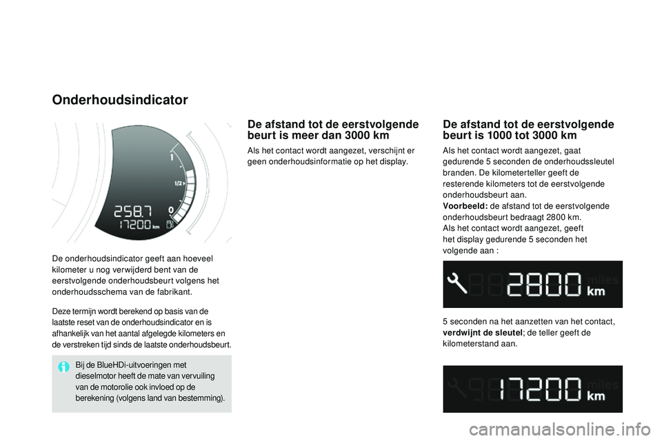 CITROEN DS3 CABRIO 2015 Instructieboekjes (in Dutch) DS3_nl_Chap01_controle-de-marche_ed01-2014
De onderhoudsindicator geeft aan hoeveel
kilometer u nog ver wijderd bent van de
eerstvolgende onderhoudsbeurt volgens het
onderhoudsschema van de fabrika CITROEN DS3 CABRIO 2015 Instructieboekjes (in Dutch) DS3_nl_Chap01_controle-de-marche_ed01-2014
De onderhoudsindicator geeft aan hoeveel
kilometer u nog ver wijderd bent van de
eerstvolgende onderhoudsbeurt volgens het
onderhoudsschema van de fabrika