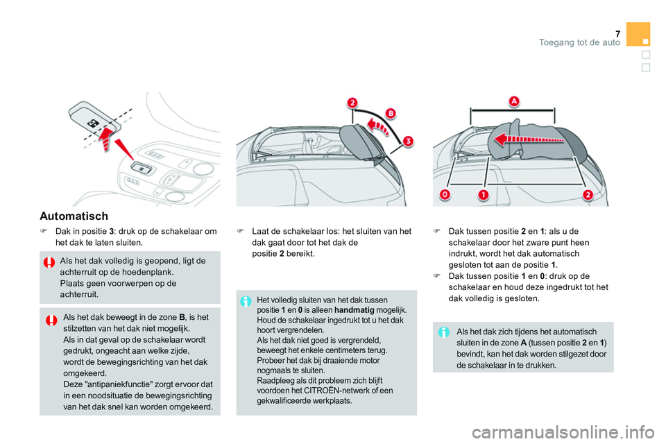 CITROEN DS3 CABRIO 2015  Instructieboekjes (in Dutch) 7Toegang tot de auto
   
Automatisch 
 
 
 
�) 
  Dak in positie  3 
: druk op de schakelaar om 
het dak te laten sluiten. 
   
Als het dak volledig is geopend, ligt de 
achterruit op de hoedenplank. 