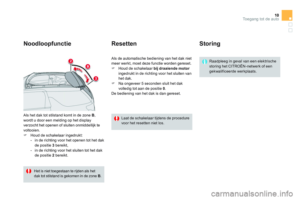 CITROEN DS3 CABRIO 2015  Instructieboekjes (in Dutch) 10Toegang tot de auto
  Als het dak tot stilstand komt in de zone  B 
, 
wordt u door een melding op het display 
verzocht het openen of sluiten onmiddellijk te 
voltooien. 
   
 
�) 
  Houd de schake