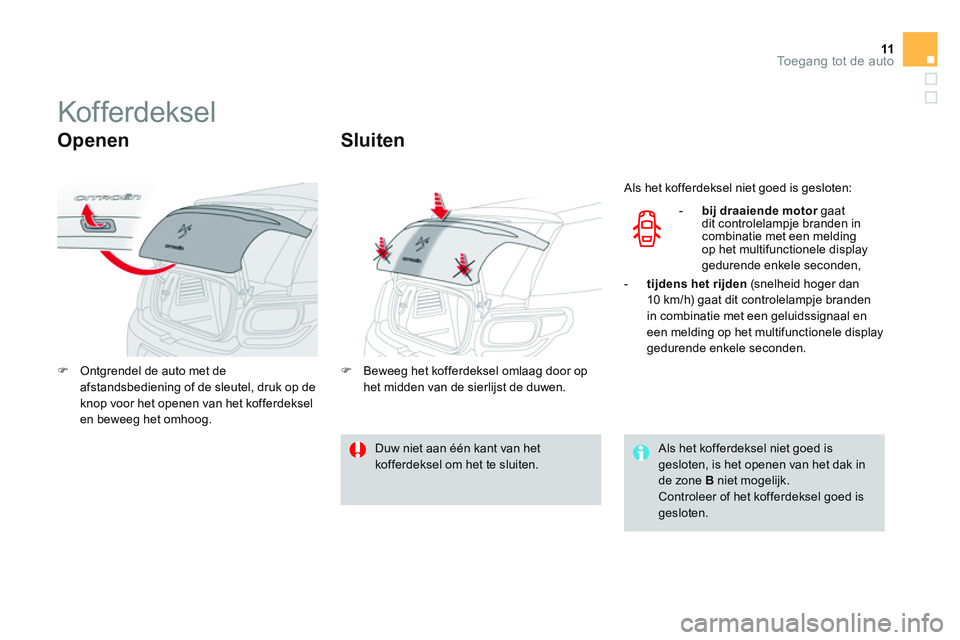 CITROEN DS3 CABRIO 2015  Instructieboekjes (in Dutch) 11Toegang tot de auto
   
 
 
 
 
 
 
 
 
 
 
Kof ferdeksel 
 
 
Openen 
 
 
 
�) 
  Ontgrendel de auto met de 
afstandsbediening of de sleutel, druk op de 
knop voor het openen van het kofferdeksel 
