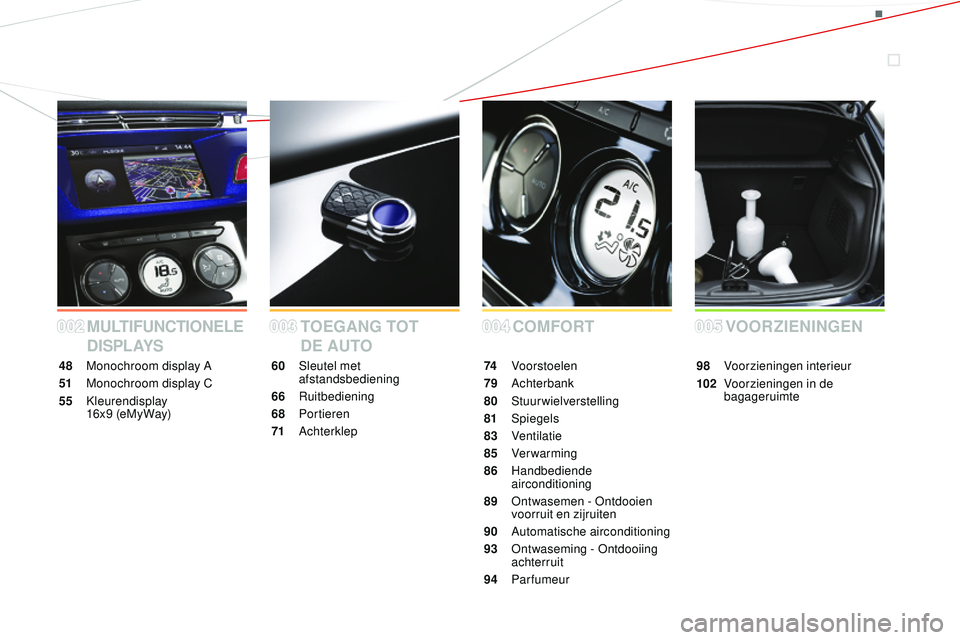 CITROEN DS3 CABRIO 2015  Instructieboekjes (in Dutch) DS3_nl_Chap00a_sommaire_ed01-2014
MULTIFUNCTIONELE 
D I S P L AY SCOMFORT
 
TOEGANG TOT 
DE AUTO
48 Monochroom display A
51
 M

onochroom display C
55
 kl

eurendisplay 
16x 9
 

(eMy Way) 60 S
leutel
