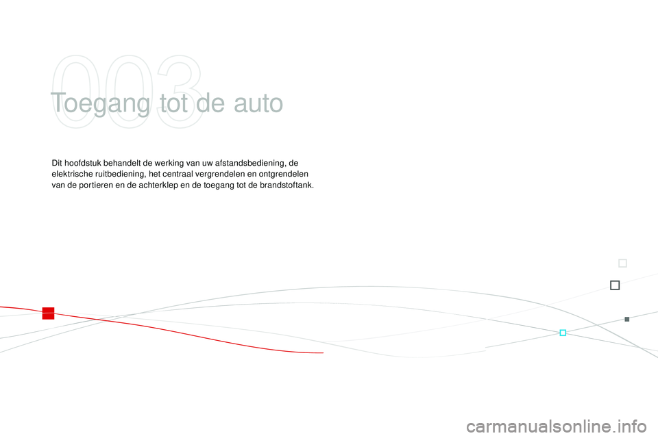 CITROEN DS3 CABRIO 2015  Instructieboekjes (in Dutch) DS3_nl_Chap03_ouvertures_ed01-2014
toegang tot de auto
Dit hoofdstuk behandelt de werking van uw afstandsbediening, de 
elektrische ruitbediening, het centraal vergrendelen en ontgrendelen  
van de po