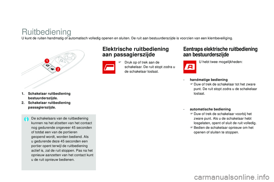 CITROEN DS3 CABRIO 2015 Instructieboekjes (in Dutch) DS3_nl_Chap03_ouvertures_ed01-2014
1. Schakelaar ruitbediening bestuurderszijde.
2.
S
chakelaar ruitbediening
passagierszijde.
ruitbedieningu kunt de ruiten handmatig of automatisch volledig openen CITROEN DS3 CABRIO 2015 Instructieboekjes (in Dutch) DS3_nl_Chap03_ouvertures_ed01-2014
1. Schakelaar ruitbediening bestuurderszijde.
2.
S
chakelaar ruitbediening
passagierszijde.
ruitbedieningu kunt de ruiten handmatig of automatisch volledig openen