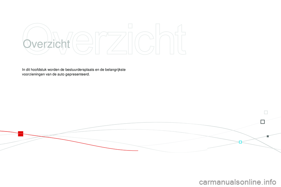 CITROEN DS3 CABRIO 2015  Instructieboekjes (in Dutch) DS3_nl_Chap00b_vue-ensemble_ed01-2014
overzicht
In dit hoofdstuk worden de bestuurdersplaats en de belangrijkste 
voorzieningen van de auto gepresenteerd. 