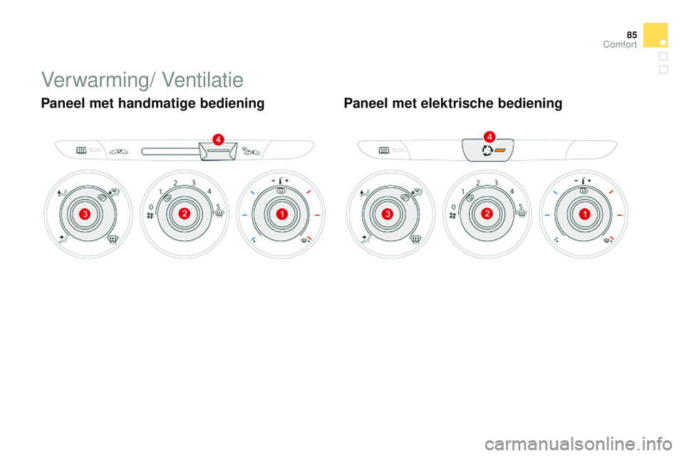 CITROEN DS3 CABRIO 2015 Instructieboekjes (in Dutch) 85
DS3_nl_Chap04_confort_ed01-2014
Verwarming/ Ventilatie
Paneel met handmatige bedieningPaneel met elektrische bediening
Comfort CITROEN DS3 CABRIO 2015 Instructieboekjes (in Dutch) 85
DS3_nl_Chap04_confort_ed01-2014
Verwarming/ Ventilatie
Paneel met handmatige bedieningPaneel met elektrische bediening
Comfort