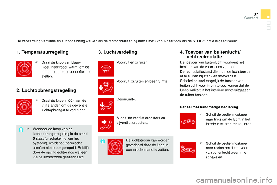CITROEN DS3 CABRIO 2015 Instructieboekjes (in Dutch) 87
DS3_nl_Chap04_confort_ed01-2014
De ver warming/ventilatie en airconditioning werken als de motor draait en bij auto’s met Stop & Start ook als de StoP -functie is geactiveerd.
1. Temperatuurregel CITROEN DS3 CABRIO 2015 Instructieboekjes (in Dutch) 87
DS3_nl_Chap04_confort_ed01-2014
De ver warming/ventilatie en airconditioning werken als de motor draait en bij auto’s met Stop & Start ook als de StoP -functie is geactiveerd.
1. Temperatuurregel