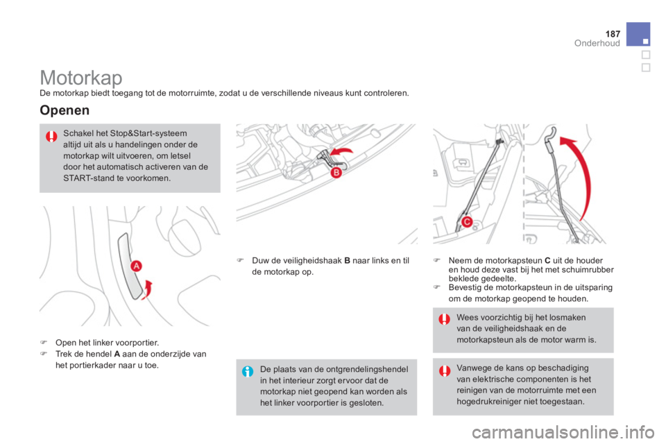 CITROEN DS3 CABRIO 2014  Instructieboekjes (in Dutch) 187
Onderhoud
   
 
 
 
 
 
 
 
Motorkap  De motorkap biedt toegang tot de motorruimte, zodat u de verschillende niveaus kunt controleren.
 
 
Openen
�)Open het linker voorportier. �)Trek de hendel A 
