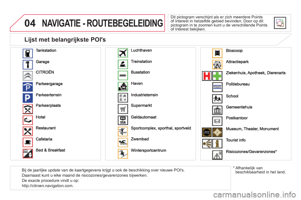 CITROEN DS3 CABRIO 2014  Instructieboekjes (in Dutch) 04NAVIGATIE - ROUTEBEGELEIDING
 Dit pictogram verschijnt als er zich meerdere Points of Interest in hetzelfde gebied bevinden. Door op dit pictogram in te zoomen kunt u de verschillende Points of Inte