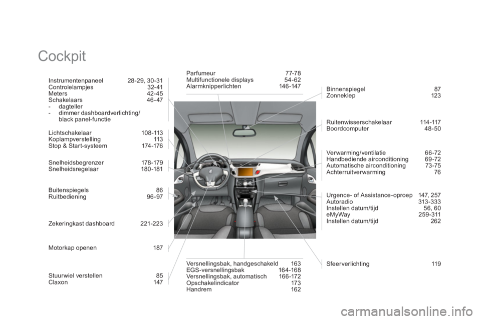 CITROEN DS3 CABRIO 2014  Instructieboekjes (in Dutch)   Cockpit  
Instrumentenpaneel 28-29, 30 -31 
Controlelampjes 32-41 
Meters 42-45 Schakelaars 46-47 
-  dagteller 
-  dimmer dashboardverlichting/black panel-functie
Li
chtschakelaar 108-113 
Koplampv