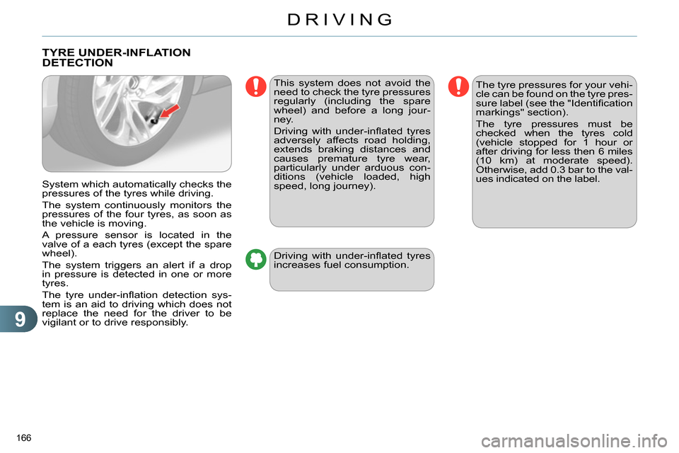 Citroen C4 2014 2.G User Guide 9
DRIVING
166
TYRE UNDER-INFLATION
DETECTION
System which automatically checks the
pressures of the tyres while driving.
The system continuously monitors the
pressures of Citroen C4 2014 2.G User Guide 9
DRIVING
166
TYRE UNDER-INFLATION
DETECTION
System which automatically checks the
pressures of the tyres while driving.
The system continuously monitors the
pressures of