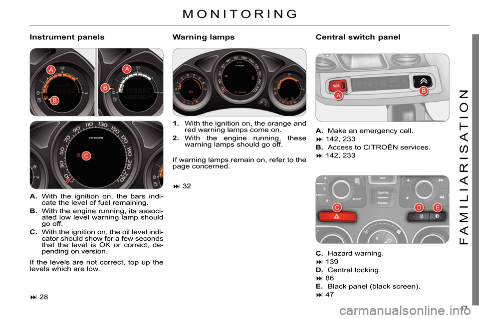 Citroen C4 2014 2.G Owners Manual 17 
FAMILIARISATION
  MONITORING 
 
 
Instrument panels    
Warning lamps    
Central switch panel 
 
 
 
A. 
  With the ignition on, the bars indi-
cate the level of fuel remaining. 
   
B. 
  With t