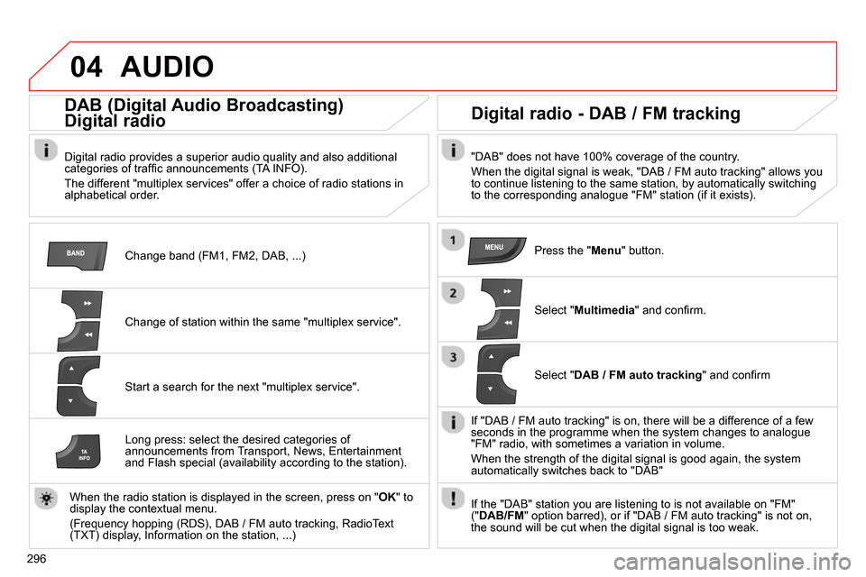 Citroen C4 2014 2.G Owners Manual 04
296
AUDIO
Change band (FM1, FM2, DAB, ...)
DAB (Digital Audio Broadcasting)
Digital radio
Digital radio provides a superior audio quality and also additional
categories Citroen C4 2014 2.G Owners Manual 04
296
AUDIO
Change band (FM1, FM2, DAB, ...)
DAB (Digital Audio Broadcasting)
Digital radio
Digital radio provides a superior audio quality and also additional
categories