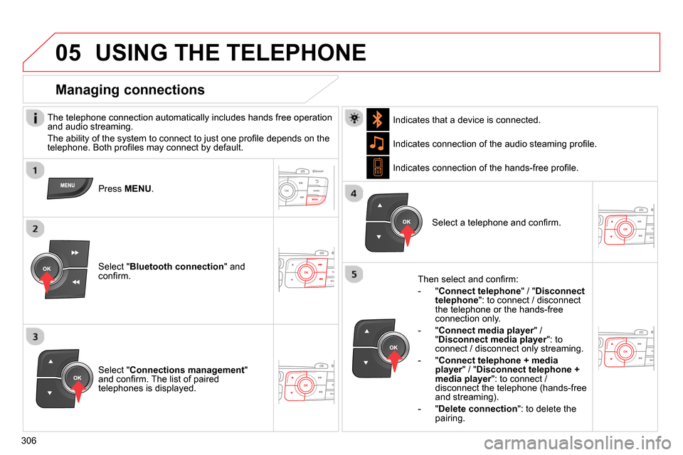 Citroen C4 2014 2.G Owners Manual
05
306
USING THE TELEPHONE
The telephone connection automatically includes hands free operation
and audio streaming.
The ability of the system to connect to just one profi le depends o Citroen C4 2014 2.G Owners Manual
05
306
USING THE TELEPHONE
The telephone connection automatically includes hands free operation
and audio streaming.
The ability of the system to connect to just one profi le depends o