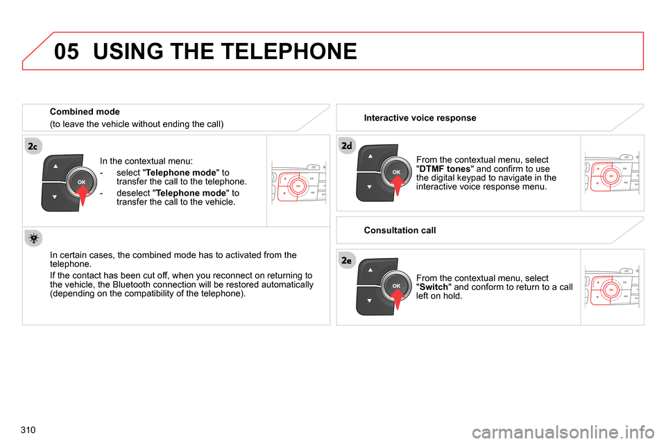 Citroen C4 2014 2.G Owners Guide
05
310
In the contextual menu:
- select " Telephone mode
" to
transfer the call to the telephone.
- deselect " Telephone mode
" to
transfer the call to the vehicle.
In c Citroen C4 2014 2.G Owners Guide
05
310
In the contextual menu:
- select " Telephone mode
" to
transfer the call to the telephone.
- deselect " Telephone mode
" to
transfer the call to the vehicle.
In c