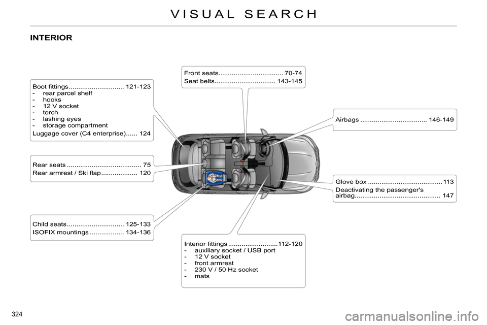 Citroen C4 2014 2.G Owners Manual 324
VISUAL SEARCH
INTERIOR
Boot fi ttings ............................. 121-123
- rear parcel shelf
- hooks
- 12 V socket
- torch
- lashing eyes
- sto Citroen C4 2014 2.G Owners Manual 324
VISUAL SEARCH
INTERIOR
Boot fi ttings ............................. 121-123
- rear parcel shelf
- hooks
- 12 V socket
- torch
- lashing eyes
- sto