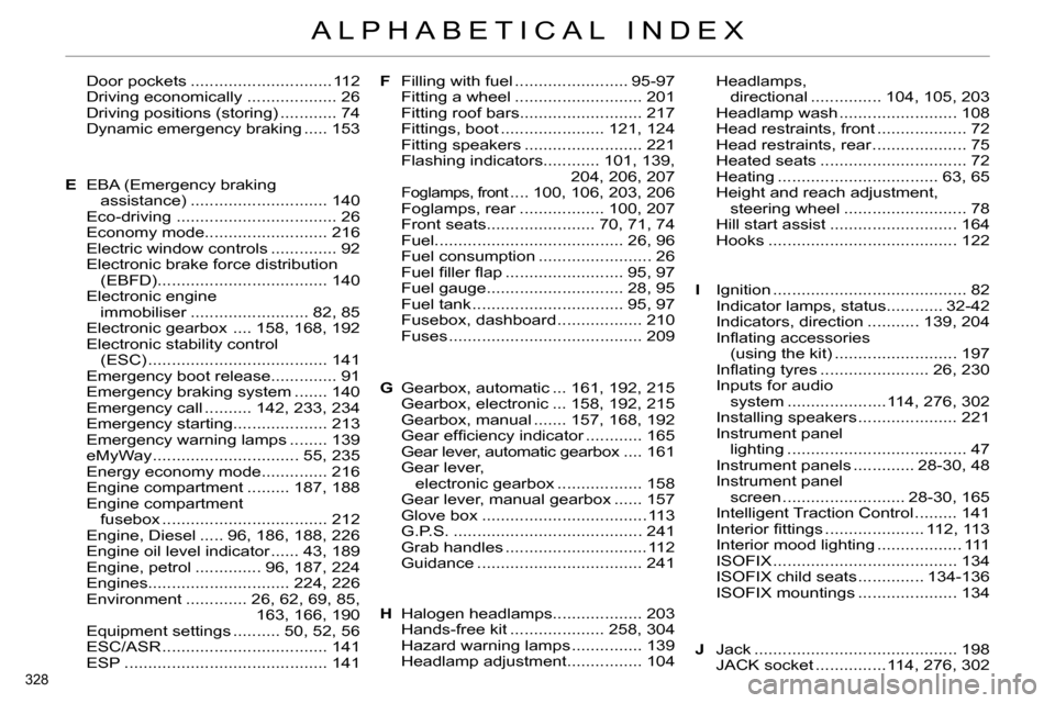 Citroen C4 2014 2.G Owners Manual 328
ALPHABETICAL INDEX
Door pockets .............................. 112
Driving economically ................... 26
Driving positions (storing) ............ 74
Dynamic emergency braking ..... 153
EBA Citroen C4 2014 2.G Owners Manual 328
ALPHABETICAL INDEX
Door pockets .............................. 112
Driving economically ................... 26
Driving positions (storing) ............ 74
Dynamic emergency braking ..... 153
EBA