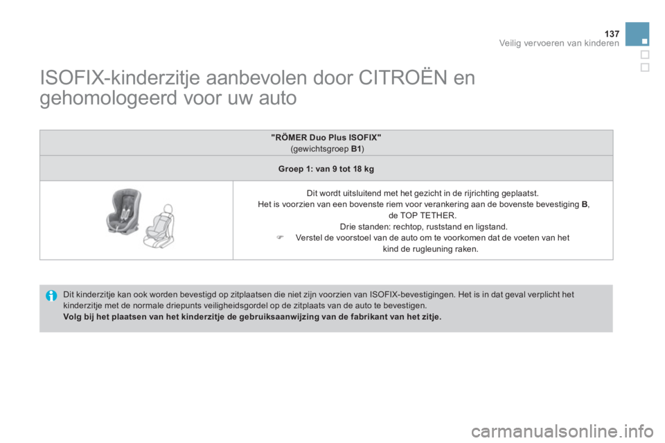 CITROEN DS3 CABRIO 2013  Instructieboekjes (in Dutch) 137
Veilig vervoeren van kinderen
   
 
 
 
 
 
 
 
 
 
 
ISOFIX-kinderzitje aanbevolen door CITROËN en 
gehomologeerd voor uw auto 
  Dit kinderzitje kan ook worden bevestigd op zitplaatsen die niet