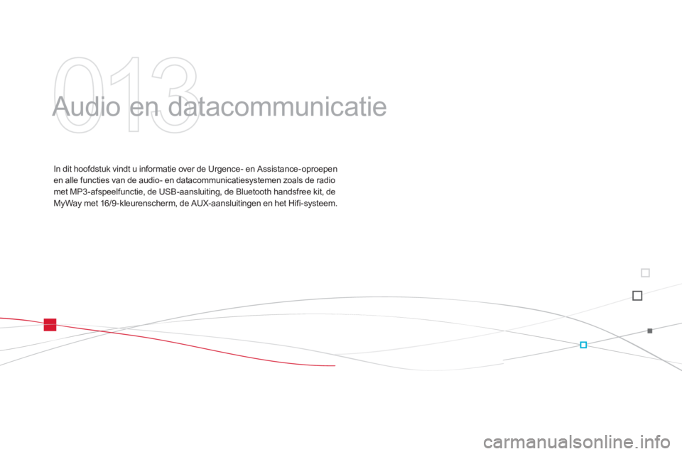 CITROEN DS3 CABRIO 2013  Instructieboekjes (in Dutch) 013
  Audio en datacommunicatie  
In dit hoofdstuk vindt u informatie over de Urgence- en Assistance-oproepenen alle functies van de audio- en datacommunicatiesystemen zoals de radiomet MP3 -afspeelfu