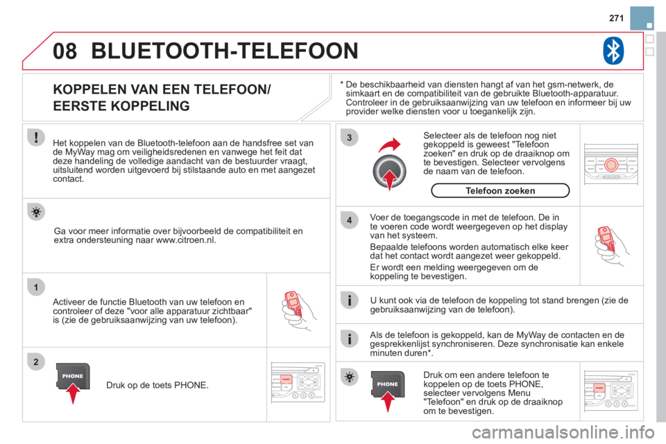 CITROEN DS3 CABRIO 2013  Instructieboekjes (in Dutch) 271
08
1
2
3
4
BLUETOOTH-TELEFOON 
*  
  De beschikbaarheid van diensten hangt af van het gsm-netwerk, de 
simkaart en de compatibiliteit van de gebruikte Bluetooth-apparatuur.Controleer in de gebruik