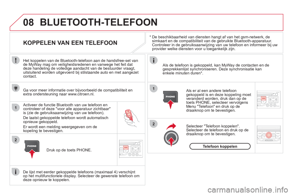 CITROEN DS3 CABRIO 2013  Instructieboekjes (in Dutch) 08
1
2
2
1
   * 
 
  De beschikbaarheid van diensten hangt af van het gsm-netwerk, desimkaart en de compatibiliteit van de gebruikte Bluetooth-apparatuur. Controleer in de gebruiksaanwijzing van uw te