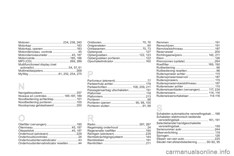 CITROEN DS3 CABRIO 2013  Instructieboekjes (in Dutch) Navigatiesysteem..........................................257Niveaus en controles.....................185-187, 189Noodbediening achterklep ............................101Noodbediening por tieren .....