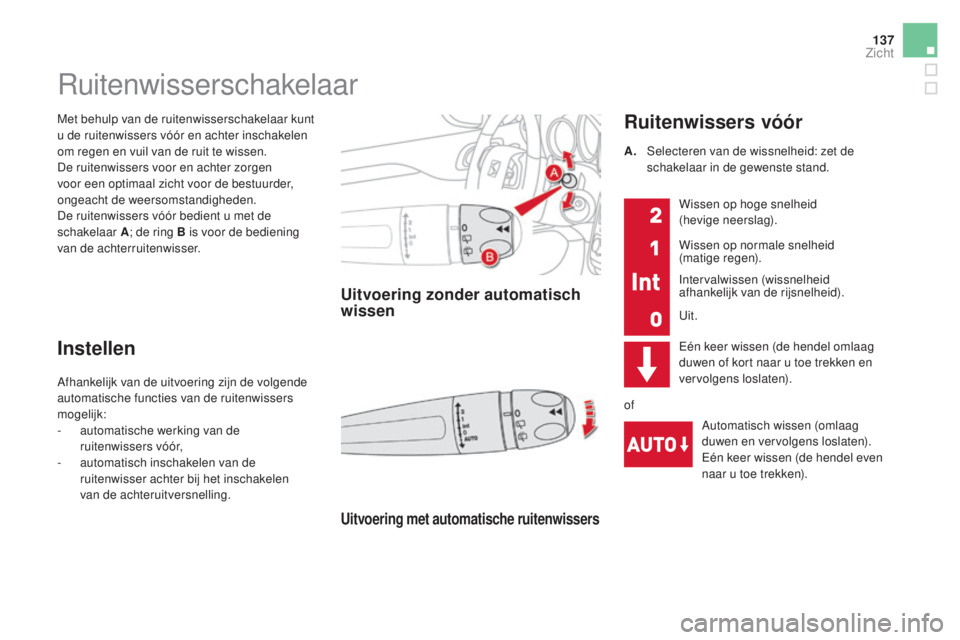 CITROEN DS4 2016 Instructieboekjes (in Dutch) 137
DS4_nl_Chap05_visibilite_ed03-2015
Met behulp van de ruitenwisserschakelaar kunt
u de ruitenwissers vóór en achter inschakelen
om regen en vuil van de ruit te wissen.
De ruitenwissers voor en CITROEN DS4 2016 Instructieboekjes (in Dutch) 137
DS4_nl_Chap05_visibilite_ed03-2015
Met behulp van de ruitenwisserschakelaar kunt
u de ruitenwissers vóór en achter inschakelen
om regen en vuil van de ruit te wissen.
De ruitenwissers voor en