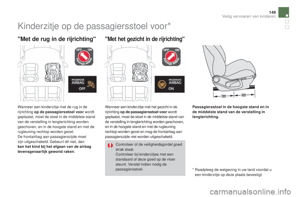 CITROEN DS4 2016 Instructieboekjes (in Dutch) 149
DS4_nl_Chap06_securite enfants_ed03-2015
Kinderzitje op de passagiersstoel voor*
"Met de rug in de rijrichting""Met het gezicht in de rijrichting"
Passagiersstoel in de hoogste sta CITROEN DS4 2016 Instructieboekjes (in Dutch) 149
DS4_nl_Chap06_securite enfants_ed03-2015
Kinderzitje op de passagiersstoel voor*
"Met de rug in de rijrichting""Met het gezicht in de rijrichting"
Passagiersstoel in de hoogste sta
