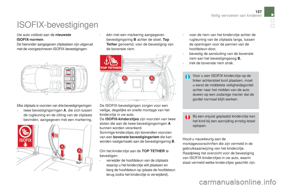 CITROEN DS4 2016  Instructieboekjes (in Dutch) 157
DS4_nl_Chap06_securite enfants_ed03-2015
Uw auto voldoet aan de nieuwste  
ISOFIX-normen.
De hieronder aangegeven zitplaatsen zijn uitgerust 
met de voorgeschreven ISOFIX-bevestigingen:
ISOFIX-bev