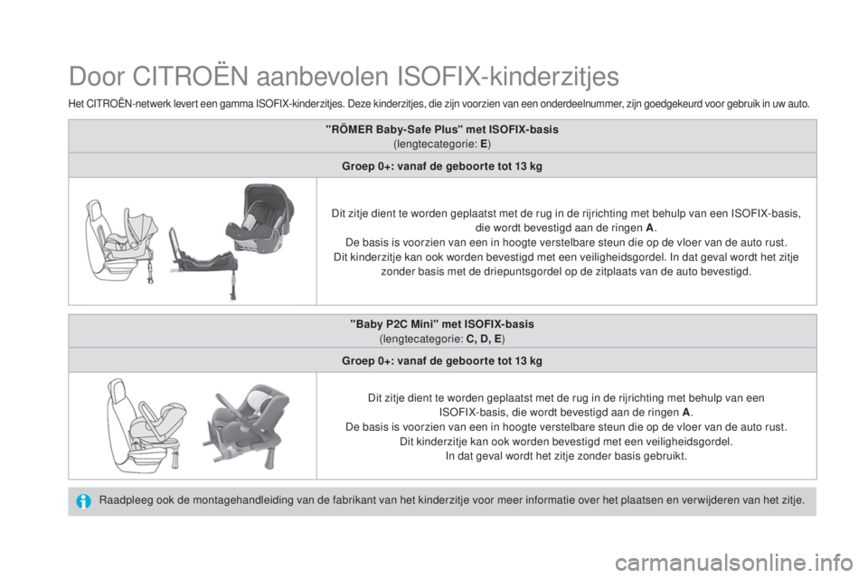 CITROEN DS4 2016  Instructieboekjes (in Dutch) DS4_nl_Chap06_securite enfants_ed03-2015
Door CITROËN aanbevolen ISOFIX-kinderzitjes
Raadpleeg ook de montagehandleiding van de fabrikant van het kinderzitje voor meer informatie over het plaatsen en