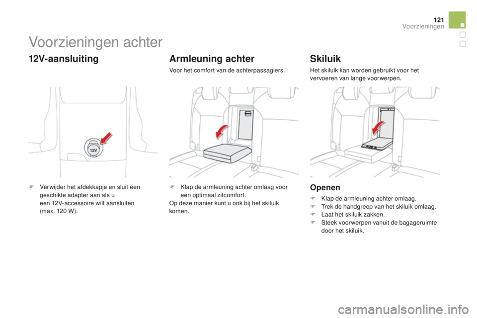 CITROEN DS4 2015  Instructieboekjes (in Dutch) 121
DS4_nl_Chap04_amenagement_ed02-2015
Openen
F Klap de armleuning achter omlaag.
F T rek de handgreep van het skiluik omlaag.
F
 
L
 aat het skiluik zakken.
F
 
S
 teek voor werpen vanuit de bagager