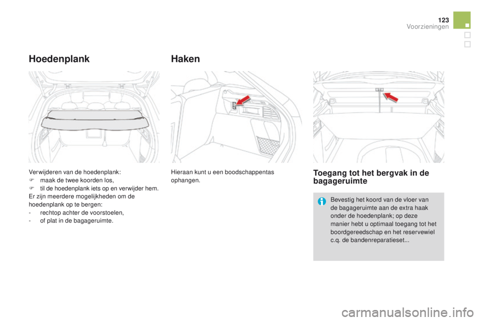CITROEN DS4 2015  Instructieboekjes (in Dutch) 123
DS4_nl_Chap04_amenagement_ed02-2015
Verwijderen van de hoedenplank:
F m aak de twee koorden los,
F
 t

il de hoedenplank iets op en ver wijder hem.
Er zijn meerdere mogelijkheden om de 
hoedenplan