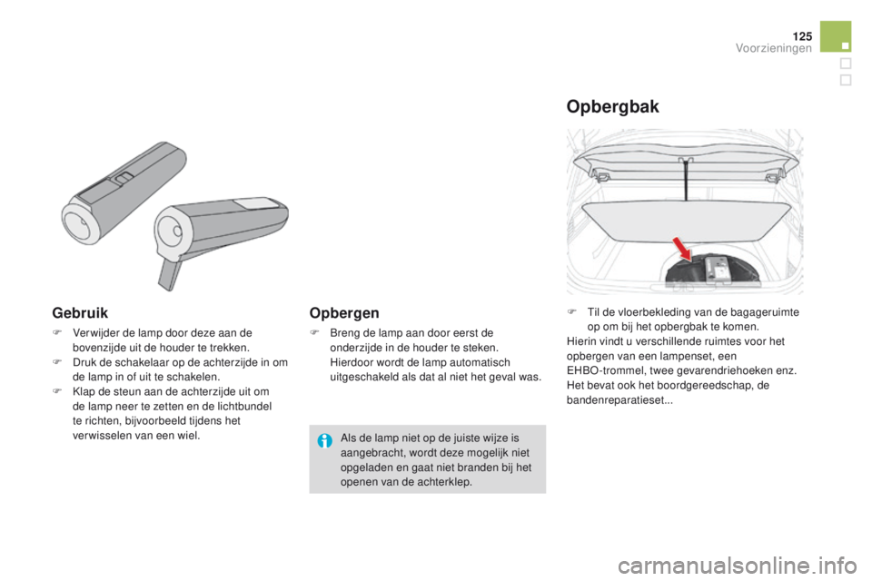 CITROEN DS4 2015  Instructieboekjes (in Dutch) 125
DS4_nl_Chap04_amenagement_ed02-2015
Gebruik
F Ver wijder de lamp door deze aan de bovenzijde uit de houder te trekken.
F
 
D
 ruk de schakelaar op de achterzijde in om 
de lamp in of uit te schake