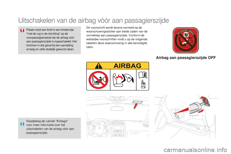 CITROEN DS4 2015  Instructieboekjes (in Dutch) DS4_nl_Chap06_securite-enfants_ed02-2015
Dit voorschrift wordt tevens vermeld op de 
waarschuwingssticker aan beide zijden van de 
zonneklep aan passagierszijde. Conform de 
wettelijke voorschriften v