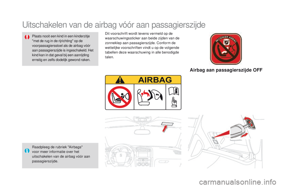 CITROEN DS4 2015 Instructieboekjes (in Dutch) DS4_nl_Chap06_securite-enfants_ed02-2015
Dit voorschrift wordt tevens vermeld op de
waarschuwingssticker aan beide zijden van de
zonneklep aan passagierszijde. Conform de
wettelijke voorschriften v CITROEN DS4 2015 Instructieboekjes (in Dutch) DS4_nl_Chap06_securite-enfants_ed02-2015
Dit voorschrift wordt tevens vermeld op de
waarschuwingssticker aan beide zijden van de
zonneklep aan passagierszijde. Conform de
wettelijke voorschriften v