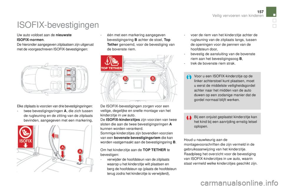 CITROEN DS4 2015 Instructieboekjes (in Dutch) 157
DS4_nl_Chap06_securite-enfants_ed02-2015
Uw auto voldoet aan de nieuwste
ISOFIX-normen.
De hieronder aangegeven zitplaatsen zijn uitgerust
met de voorgeschreven ISOFIX-bevestigingen:
ISOFIX-bev CITROEN DS4 2015 Instructieboekjes (in Dutch) 157
DS4_nl_Chap06_securite-enfants_ed02-2015
Uw auto voldoet aan de nieuwste
ISOFIX-normen.
De hieronder aangegeven zitplaatsen zijn uitgerust
met de voorgeschreven ISOFIX-bevestigingen:
ISOFIX-bev