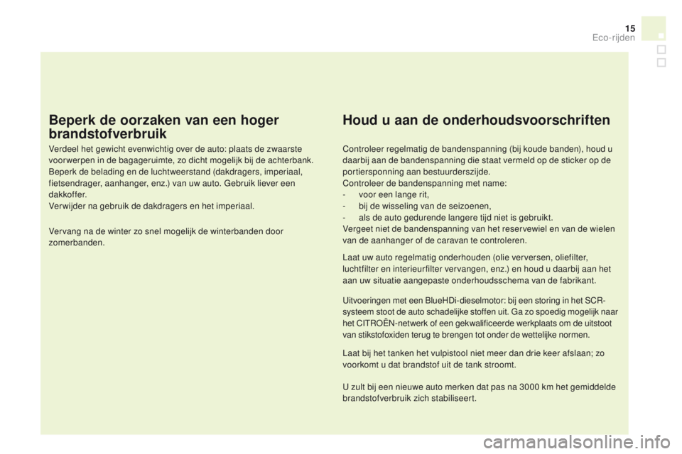 CITROEN DS4 2015 Instructieboekjes (in Dutch) 15
DS4_nl_Chap00c_eco-conduite_ed02-2015
Beperk de oorzaken van een hoger
brandstofverbruik
Verdeel het gewicht evenwichtig over de auto: plaats de zwaarste
voor werpen in de bagageruimte, zo dicht CITROEN DS4 2015 Instructieboekjes (in Dutch) 15
DS4_nl_Chap00c_eco-conduite_ed02-2015
Beperk de oorzaken van een hoger
brandstofverbruik
Verdeel het gewicht evenwichtig over de auto: plaats de zwaarste
voor werpen in de bagageruimte, zo dicht