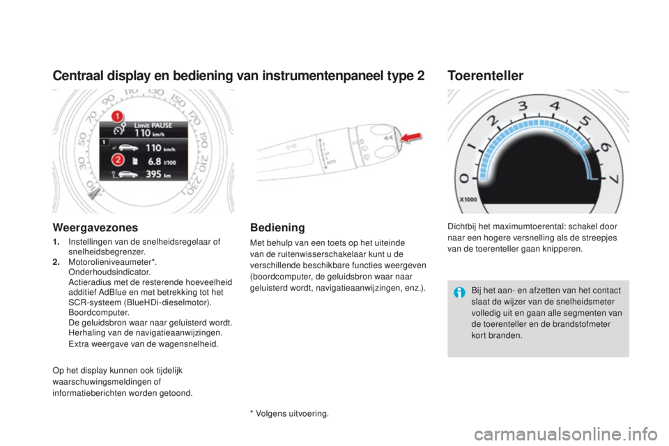 CITROEN DS4 2015  Instructieboekjes (in Dutch) DS4_nl_Chap01_controle-de-marche_ed02-2015
Centraal display en bediening van instrumentenpaneel type 2
Weergavezones
1. Instellingen van de snelheidsregelaar of snelheidsbegrenzer.
2.
 M

otorolienive