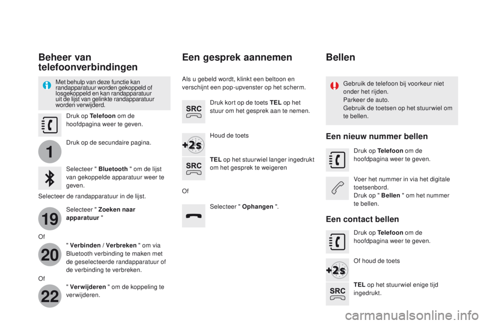 CITROEN DS4 2015 Instructieboekjes (in Dutch) 1
19
20
22
DS4_nl_Chap12c_SMEGplus_ed02-2015
Beheer van
telefoonverbindingen
Met behulp van deze functie kan
randapparatuur worden gekoppeld of
losgekoppeld en kan randapparatuur
uit de lijst van CITROEN DS4 2015 Instructieboekjes (in Dutch) 1
19
20
22
DS4_nl_Chap12c_SMEGplus_ed02-2015
Beheer van
telefoonverbindingen
Met behulp van deze functie kan
randapparatuur worden gekoppeld of
losgekoppeld en kan randapparatuur
uit de lijst van