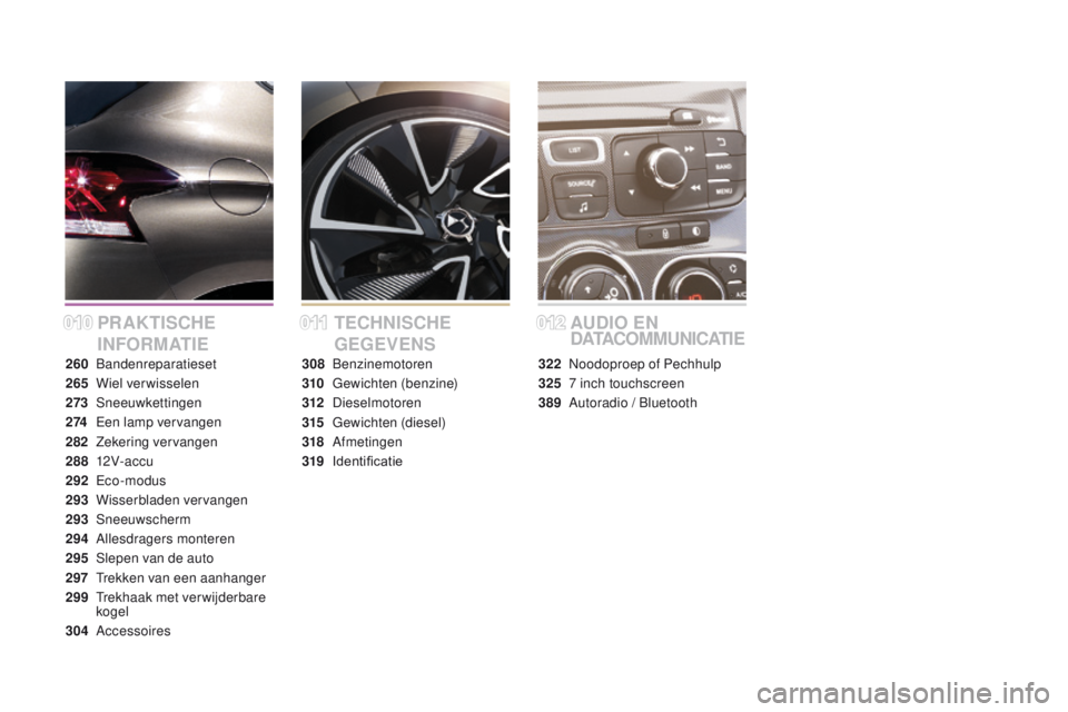 CITROEN DS4 2015  Instructieboekjes (in Dutch) DS4_nl_Chap00a_sommaire_ed02-2015
PRAKTISCHE 
INFORMATIETECHNISCHE 
GEGEVENSAUDIO 
EN  
DATAC O M M U N I C AT I E
260  Bandenreparatieset
265
 W
 iel verwisselen
273
 

Sneeuwkettingen
2 74
 E

en la