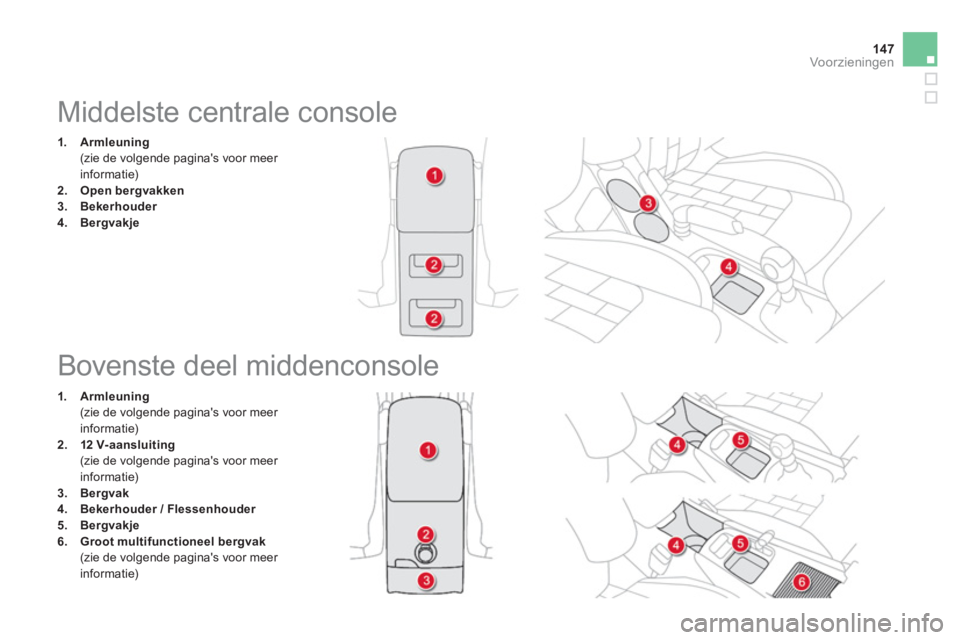 CITROEN DS4 2014  Instructieboekjes (in Dutch) 147Voor zieningen
   
 
 
 
 
 
 
 
 
 
 
 
 
 
Middelste centrale console 
 
 
 
 
1.   Armleuning  
 
  (zie de volgende paginas voor meer 
informatie) 
   
2.   Open bergvakken  
   
3.   Bekerhou