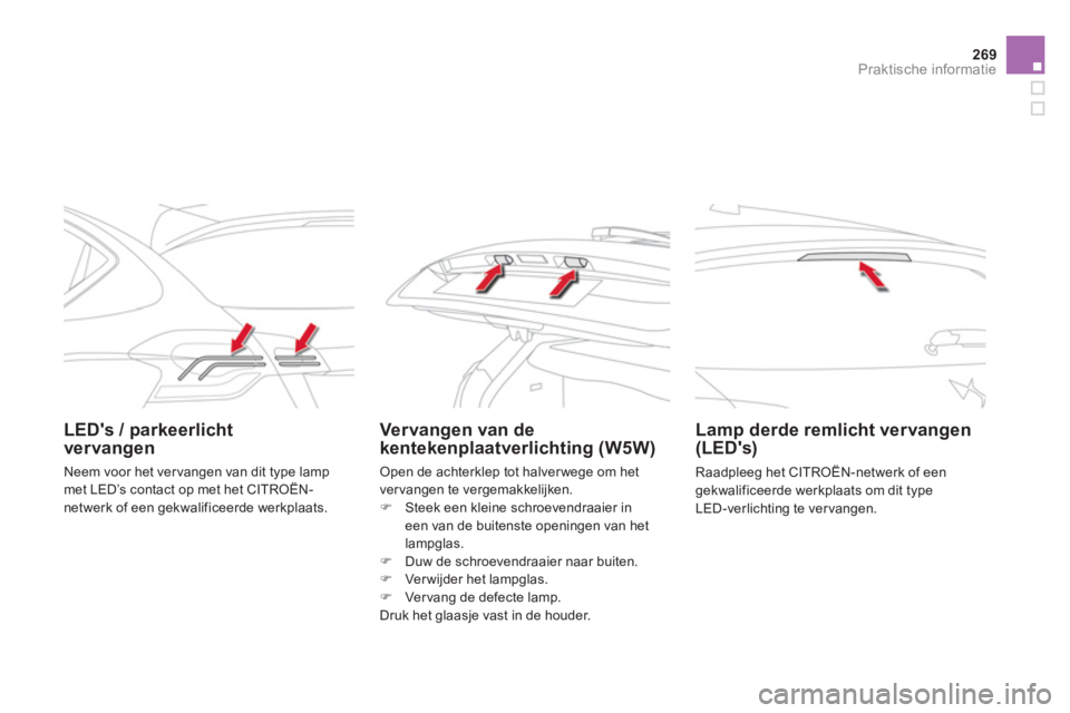 CITROEN DS4 2014 Instructieboekjes (in Dutch) 269Praktische informatie
LEDs / parkeerlicht
ver vangen
Vervangen van de
kentekenplaatverlichting (W5W)
Lamp derde remlicht vervangen
(LEDs)
Raadpleeg het CITROË CITROEN DS4 2014 Instructieboekjes (in Dutch) 269Praktische informatie
LEDs / parkeerlicht
ver vangen
Vervangen van de
kentekenplaatverlichting (W5W)
Lamp derde remlicht vervangen
(LEDs)
Raadpleeg het CITROË