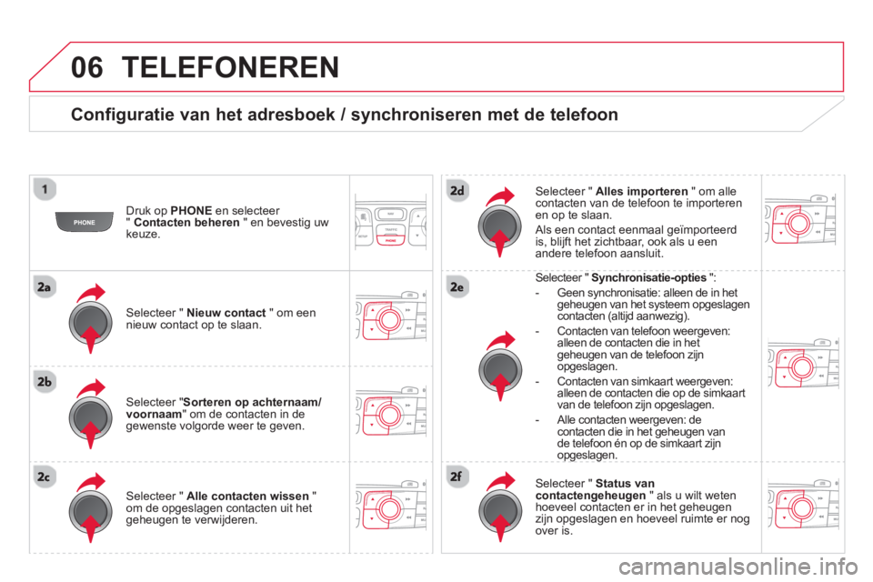 CITROEN DS4 2014 Instructieboekjes (in Dutch) 06 TELEFONEREN
Configuratie van het adresboek / synchroniseren met de telefoon
Druk op PHONE
en selecteer
" Contacten beheren
" en bevestig uw
keuze.
Selecteer " Nieuw contac CITROEN DS4 2014 Instructieboekjes (in Dutch) 06 TELEFONEREN
Configuratie van het adresboek / synchroniseren met de telefoon
Druk op PHONE
en selecteer
" Contacten beheren
" en bevestig uw
keuze.
Selecteer " Nieuw contac