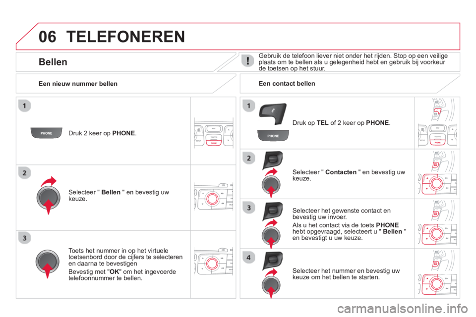 CITROEN DS4 2014  Instructieboekjes (in Dutch) 06  TELEFONEREN 
 
 
Druk 2 keer op  PHONE 
.  
   
Selecteer "  Bellen 
 " en bevestig uw 
keuze.     
Selecteer "  Contacten 
 " en bevestig uw 
keuze.  
   
Toets het nummer in op het virtuele 
toe