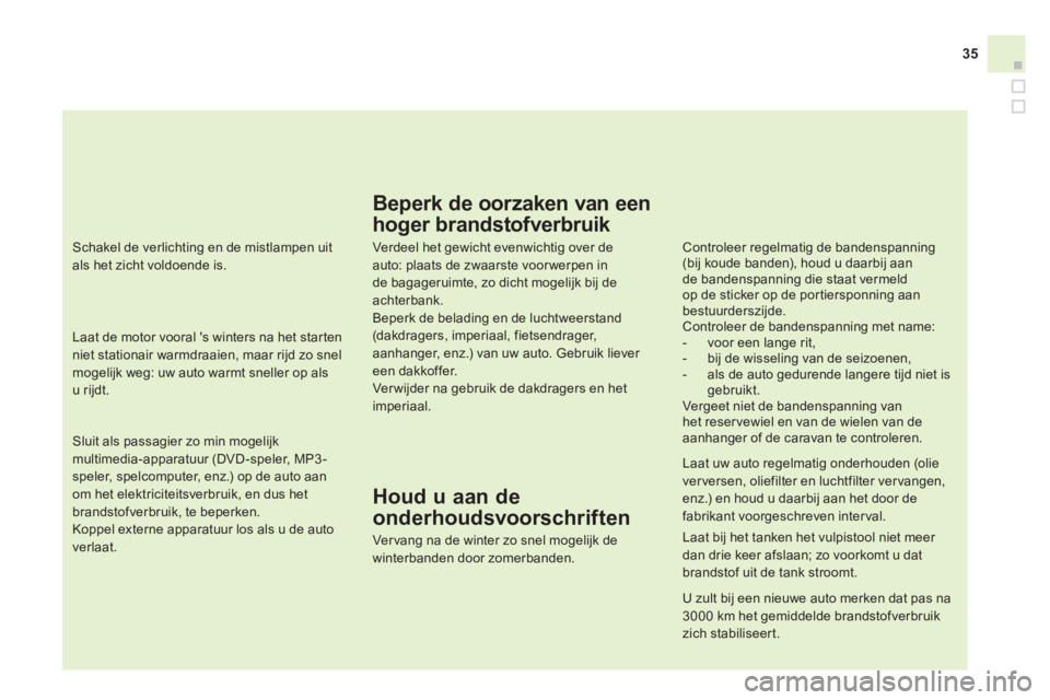 CITROEN DS4 2014  Instructieboekjes (in Dutch) 35
   
Sluit als passagier zo min mogelijk 
multimedia-apparatuur (DVD-speler, MP3-
speler, spelcomputer, enz.) op de auto aan 
om het elektriciteitsverbruik, en dus het 
brandstofverbruik, te beperke