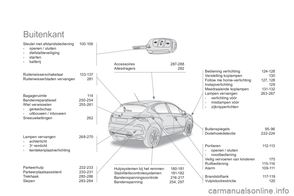 CITROEN DS4 2014 Instructieboekjes (in Dutch) Buitenkant
Sleutel met afstandsbediening 100 -106
- openen / sluiten
- diefstalbeveiliging
- starten
- batterij
Bediening verlichting 124-128
Verstellin CITROEN DS4 2014 Instructieboekjes (in Dutch) Buitenkant
Sleutel met afstandsbediening 100 -106
- openen / sluiten
- diefstalbeveiliging
- starten
- batterij
Bediening verlichting 124-128
Verstellin