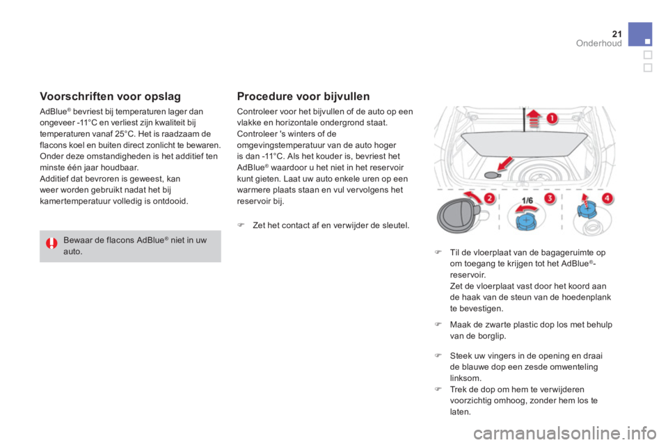 CITROEN DS4 2014 Instructieboekjes (in Dutch) 21Onderhoud
Procedure voor bijvullen
Controleer voor het bijvullen of de auto op een vlakke en horizontale ondergrond staat. Controleer s winters of de omgevingstemperatuur van de auto hog CITROEN DS4 2014 Instructieboekjes (in Dutch) 21Onderhoud
Procedure voor bijvullen
Controleer voor het bijvullen of de auto op een vlakke en horizontale ondergrond staat. Controleer s winters of de omgevingstemperatuur van de auto hog