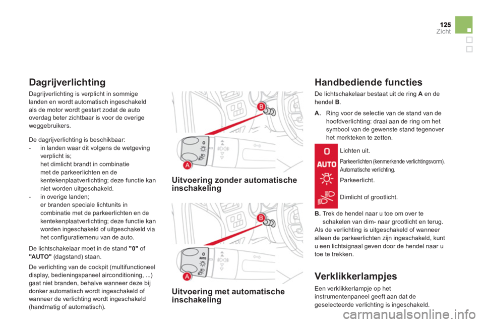 CITROEN DS4 2013  Instructieboekjes (in Dutch) Zicht
Uitvoering zonder automatischeinschakeling
Uitvoering met automatische inschakeling
   
Handbediende functies
 
De lichtschakelaar bestaat uit de ring  A 
 en de hendel  B.
Parkeerlichten (kenme