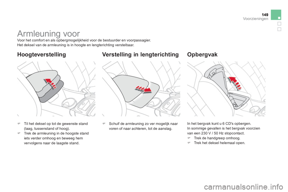 CITROEN DS4 2013  Instructieboekjes (in Dutch) Voor zieningen
   
 
 
 
 
 
 
 
Armleuning voor  
Voor het comfort en als opbergmogelijkheid voor de bestuurder en voorpassagier. 
 Het deksel van de armleuning is in hoogte en lengterichting verstel