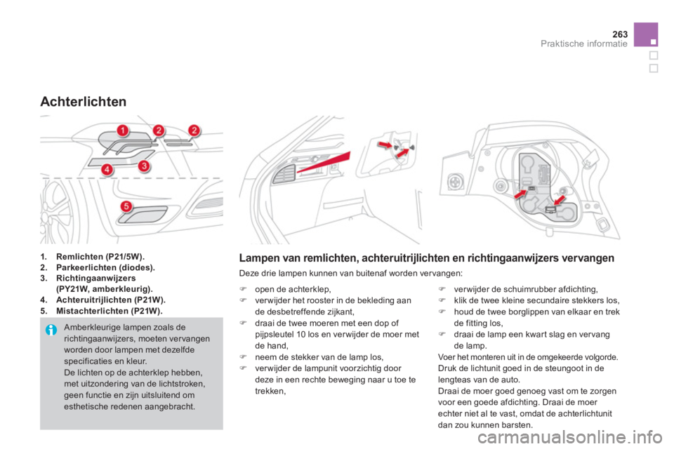 CITROEN DS4 2013  Instructieboekjes (in Dutch) 263Praktische informatie
1.Remlichten (P21/5W).2.Parkeerlichten (diodes).3.Richtingaanwijzers (PY21W, amberkleurig).4.Achteruitrijlichten (P21W).
   
5.   Mistachterlichten (P21W).
Achterlichten 
 Amb